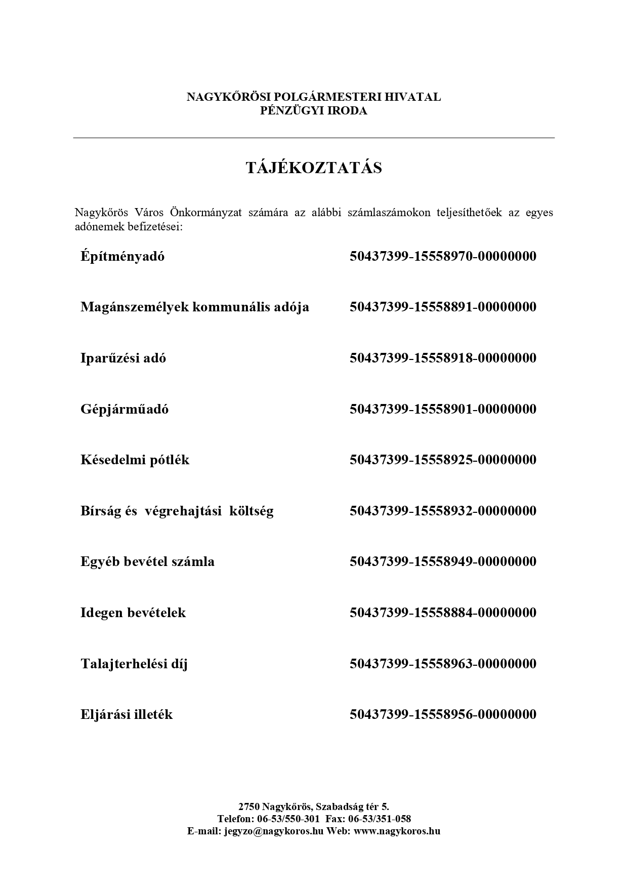 Nagykőrösi Polgármesteri Hivatal SZÁMLASZÁMAI